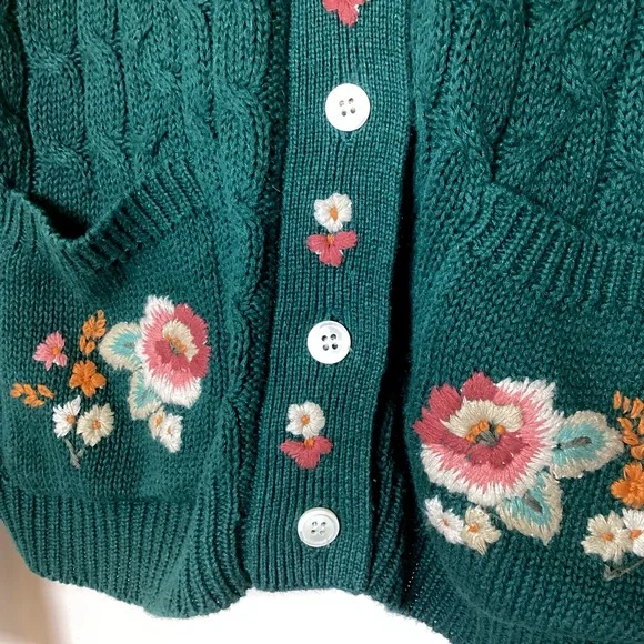 Carroll Reed Vtg Cable Knit Embroidered Cardigan L Floral Chunky Granny Cottage - Picture 4 of 13